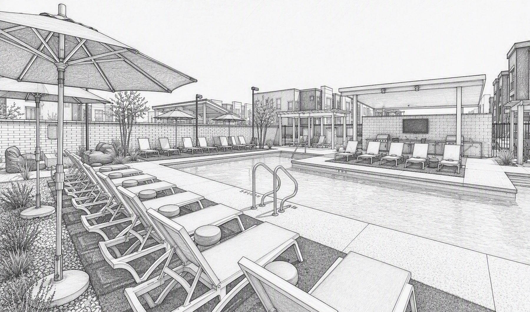 pool with modern stonework pathways