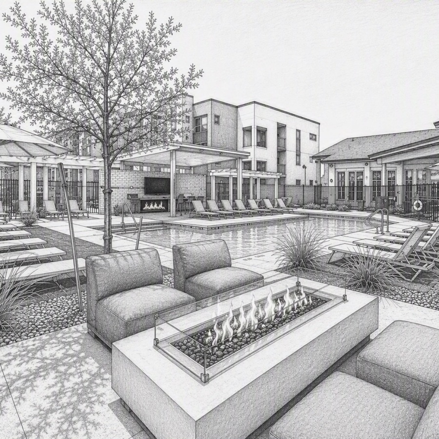 a firepit and a pool area